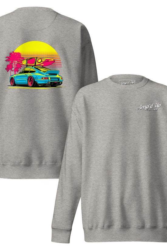 Gray Sunset Porsche Sweatshirt with back illustration featuring a colorful Porsche and palm trees