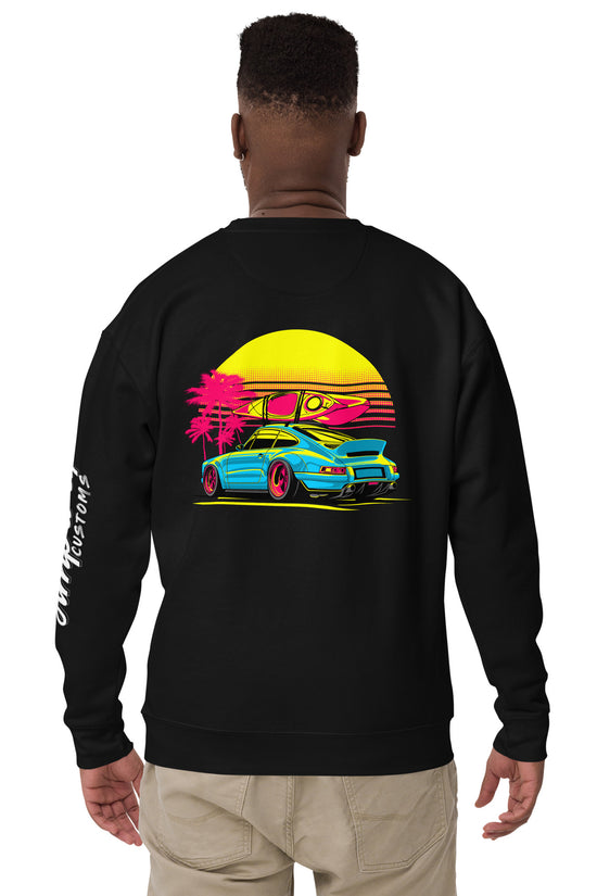 Back view of Sunset Porsche Sweatshirt featuring vibrant sunset illustration and sporty car design