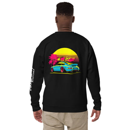 Back view of Sunset Porsche Sweatshirt featuring vibrant sunset illustration and sporty car design