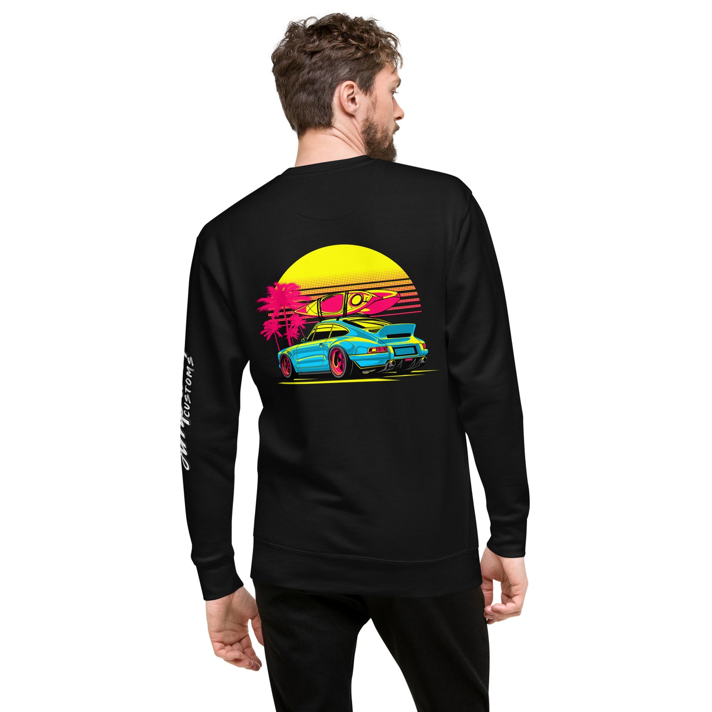 Black sweatshirt featuring a vibrant back illustration of a Sunset Porsche Sweatshirt with tropical palm trees