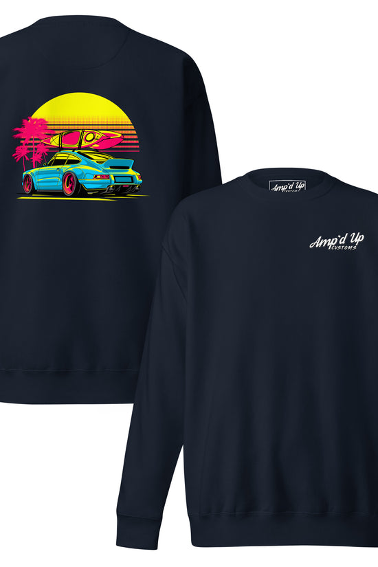 Navy Sunset Porsche Sweatshirt featuring vibrant back illustration with a sunset and palm trees