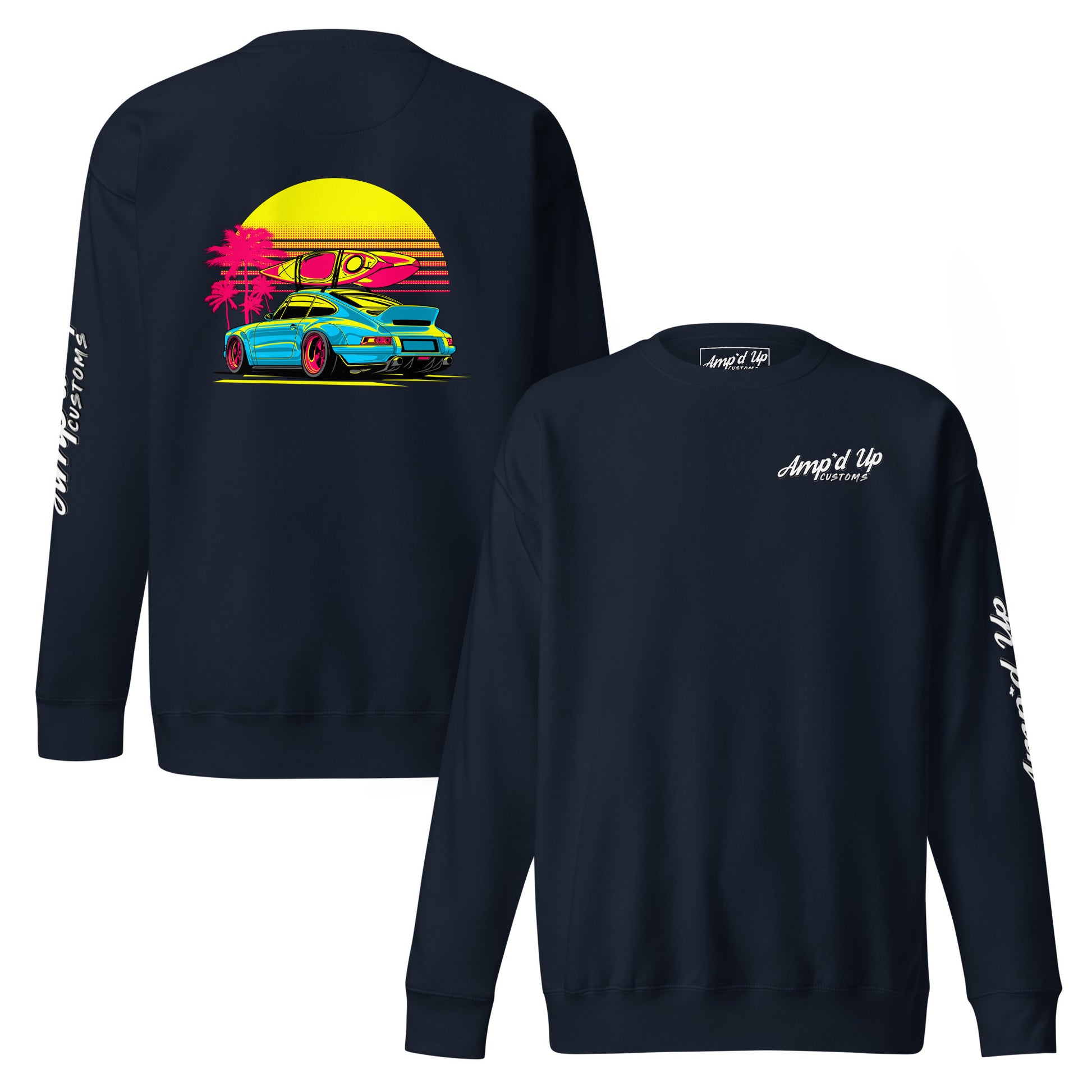 Navy Sunset Porsche Sweatshirt featuring vibrant back illustration with a sunset and palm trees