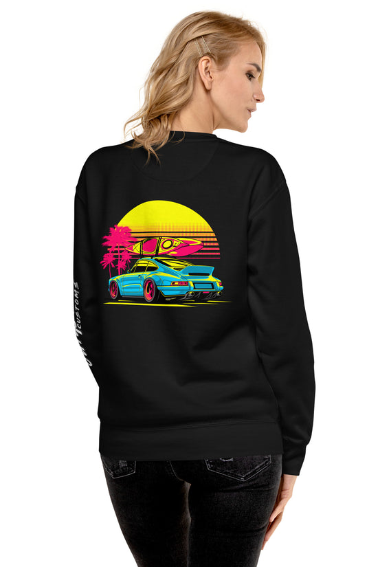 Back view of Sunset Porsche Sweatshirt featuring vibrant illustration with palm trees and sunset