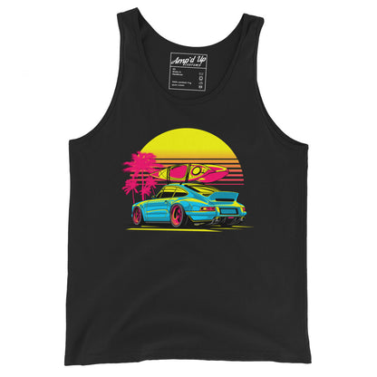Sunset Porsche Tank Top featuring a vibrant car graphic with palm trees and a sunset background