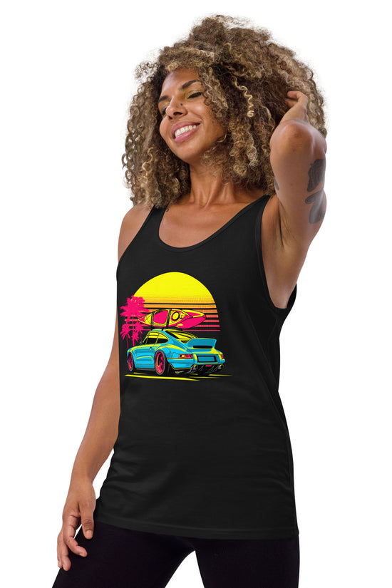 Stylish Sunset Porsche Tank Top featuring a vibrant car graphic and palm trees for a trendy summer look