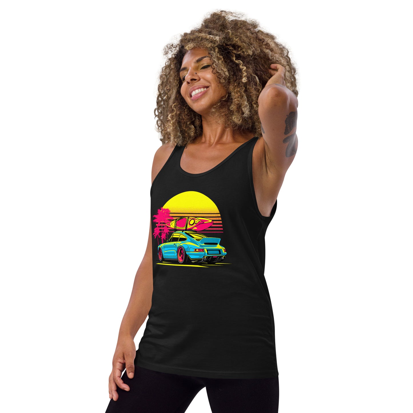 Stylish Sunset Porsche Tank Top featuring a vibrant car graphic and palm trees for a trendy summer look