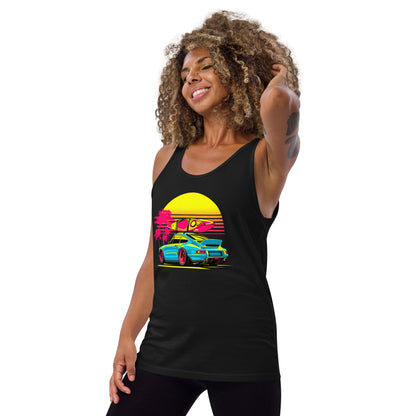 Stylish Sunset Porsche Tank Top featuring a vibrant car graphic and palm trees for a trendy summer look