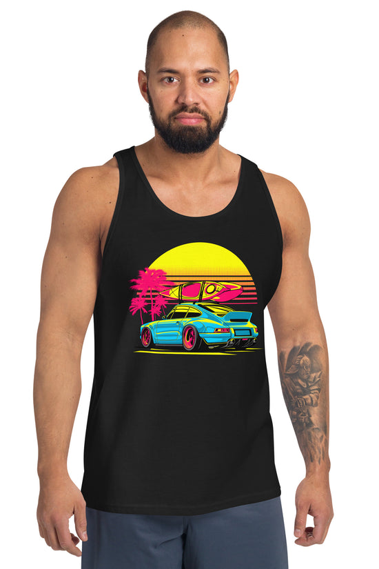 Sunset Porsche Tank Top featuring vibrant graphics of a car and palm trees against a colorful sunset