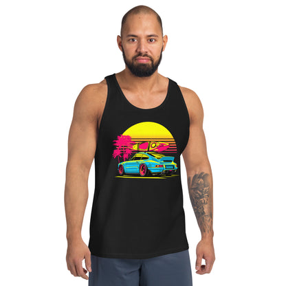 Sunset Porsche Tank Top featuring vibrant graphics of a car and palm trees against a colorful sunset