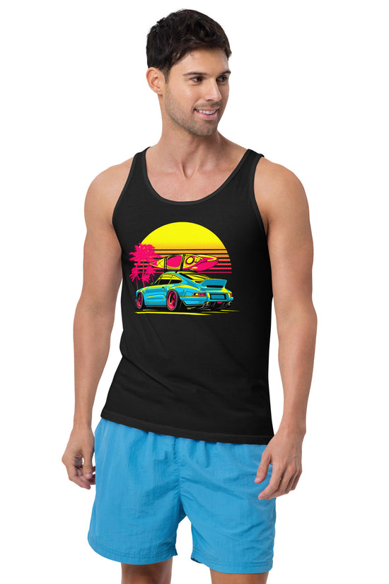 Sunset Porsche Tank Top featuring a vibrant car graphic against a colorful sunset backdrop