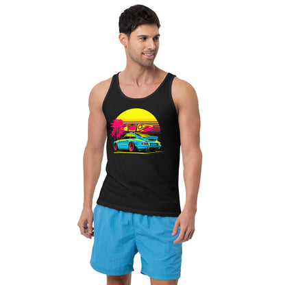 Sunset Porsche Tank Top featuring a vibrant car graphic against a colorful sunset backdrop