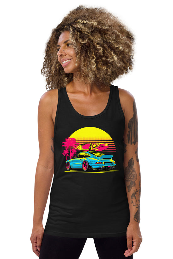 Sunset Porsche Tank Top featuring a vibrant design with a colorful car and palm trees