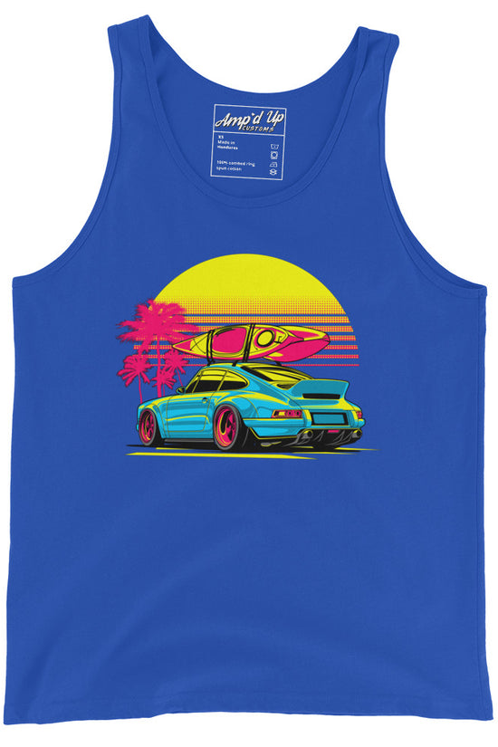 Amp'd Up Custom Sunset Porsche Tank Top in vibrant blue with surfboard and palm tree design