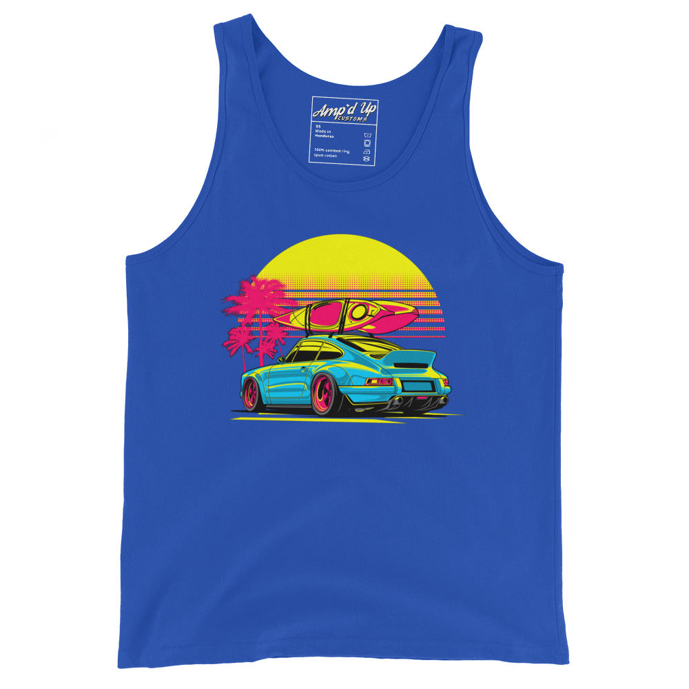 Amp'd Up Custom Sunset Porsche Tank Top in vibrant blue with surfboard and palm tree design