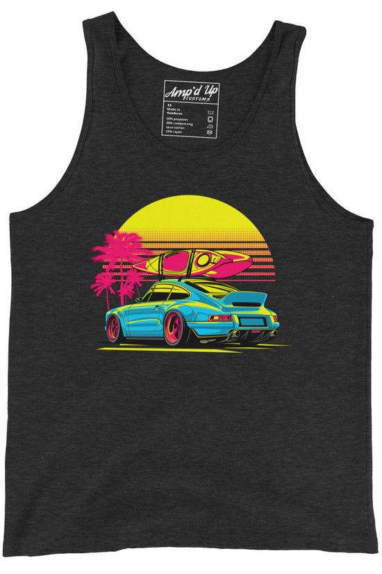 Sunset Porsche Tank Top featuring a vibrant graphic of a car and surfboard against a sunset backdrop