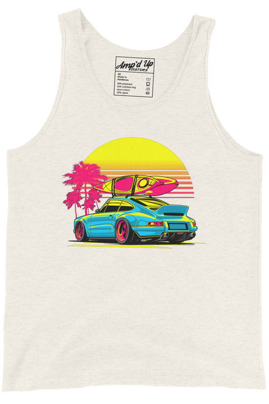 Sunset Porsche Tank Top featuring a vibrant design with a sporty car, surfboard, and palm trees
