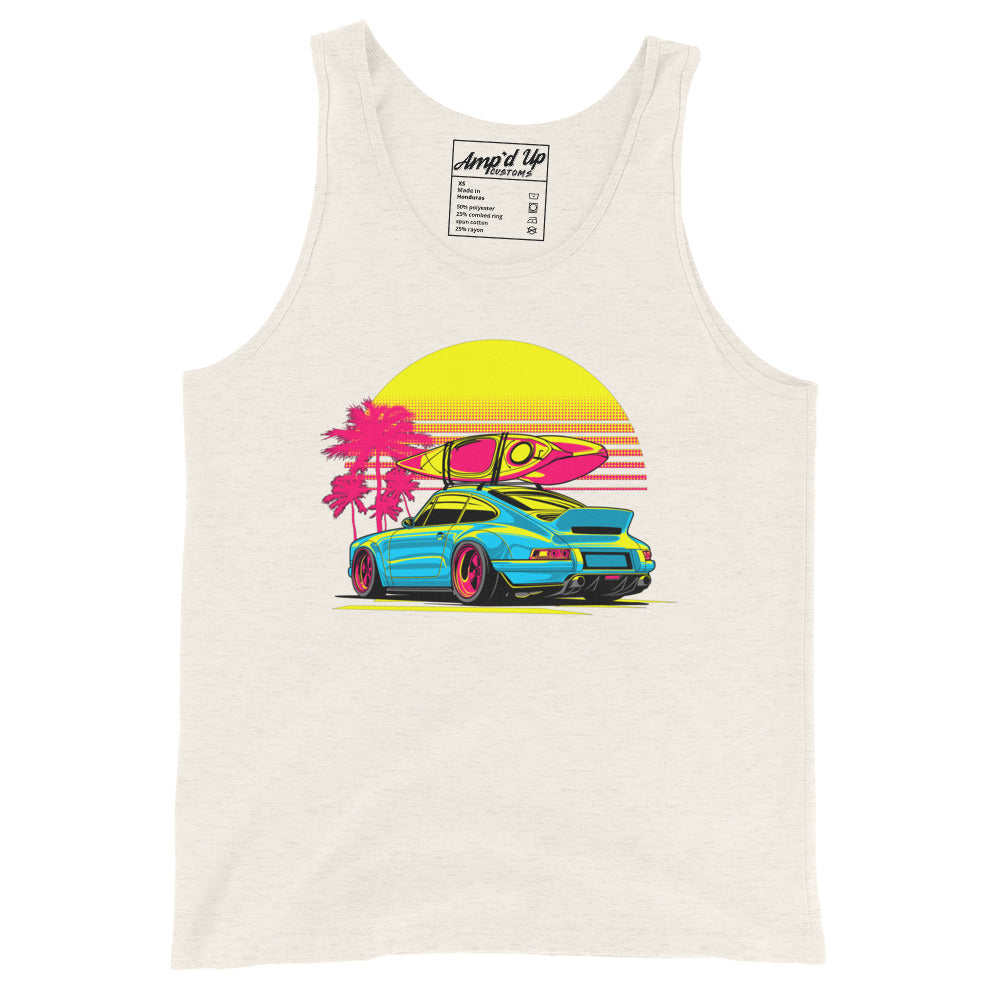 Sunset Porsche Tank Top featuring a vibrant design with a sporty car, surfboard, and palm trees