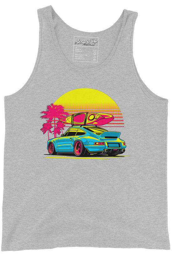Sunset Porsche Tank Top featuring a colorful car and surfboard against a vibrant sunset backdrop