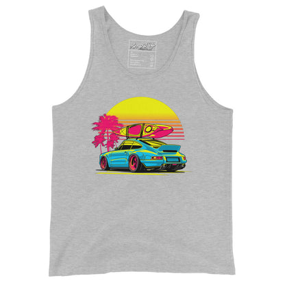 Sunset Porsche Tank Top featuring a colorful car and surfboard against a vibrant sunset backdrop