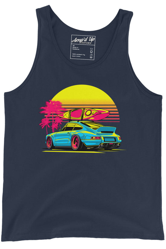Sunset Porsche Tank Top featuring vibrant colors with a car and surfboard design