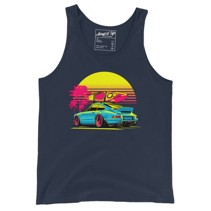 Sunset Porsche Tank Top featuring vibrant colors with a car and surfboard design