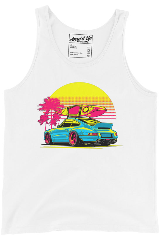 Sunset Porsche Tank Top featuring a vibrant graphic of a sporty car with a surfboard and palm trees