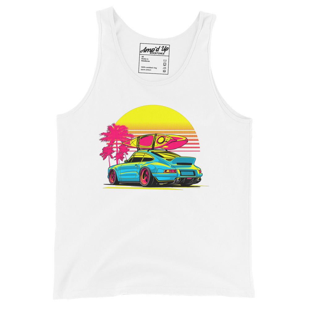 Sunset Porsche Tank Top featuring a vibrant graphic of a sporty car with a surfboard and palm trees