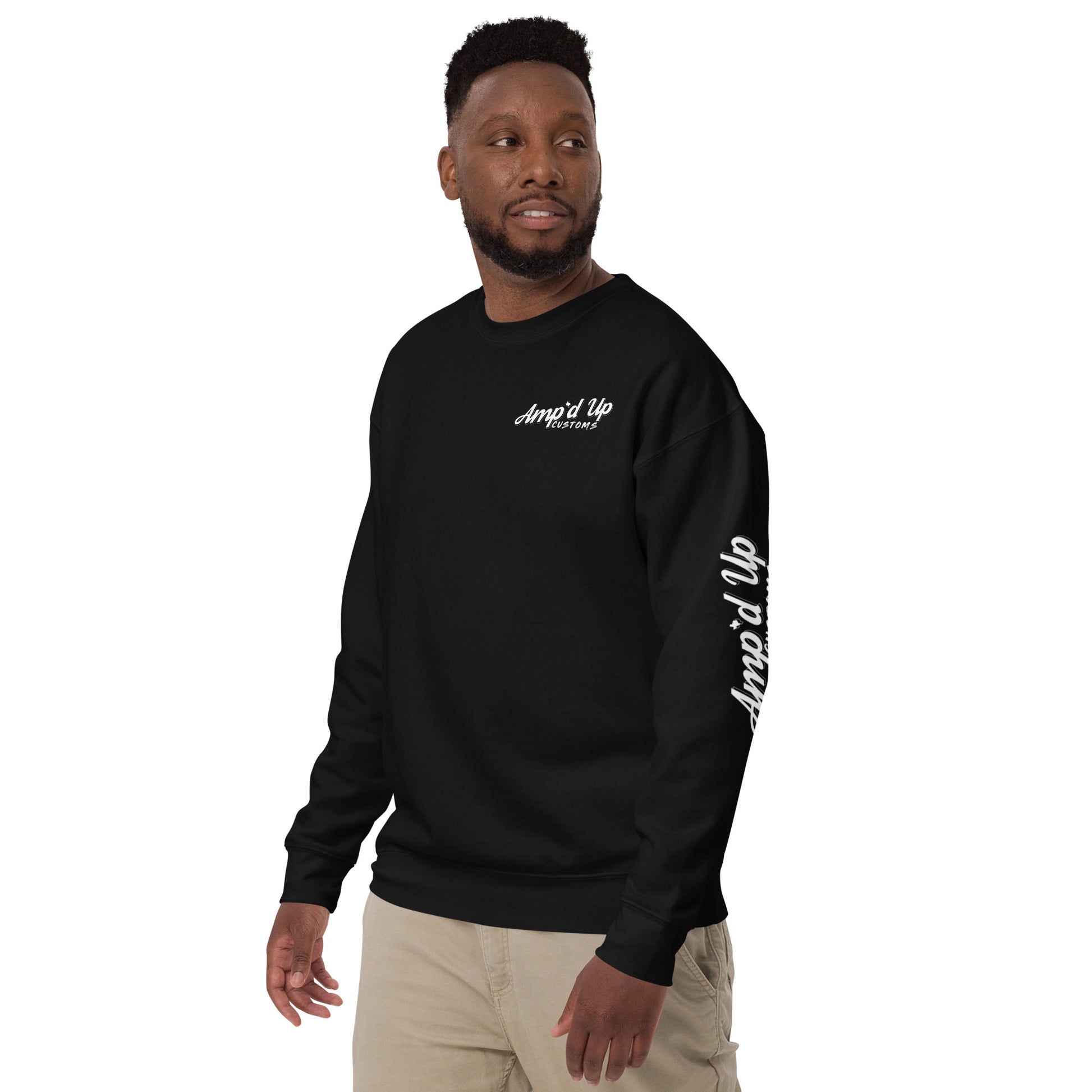 Black Amp'd Up Custom Sunset Volkswagen Sweatshirt with back illustration featuring a vibrant sunset design.