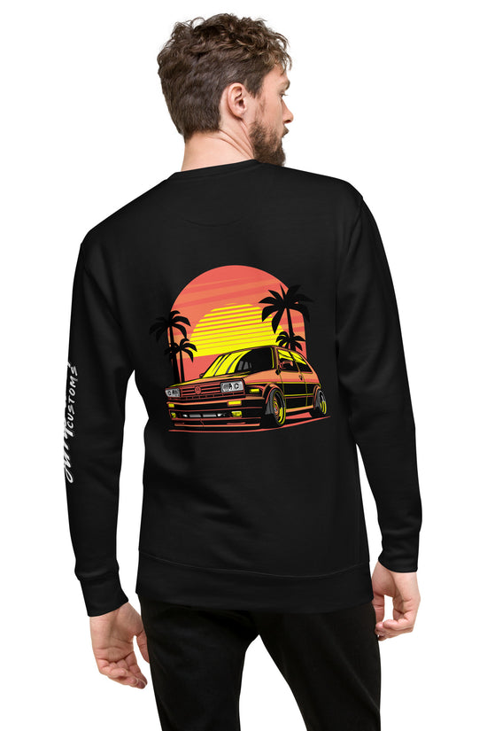 Back illustration of Sunset Volkswagen Sweatshirt featuring a retro car and palm trees against a sunset backdrop