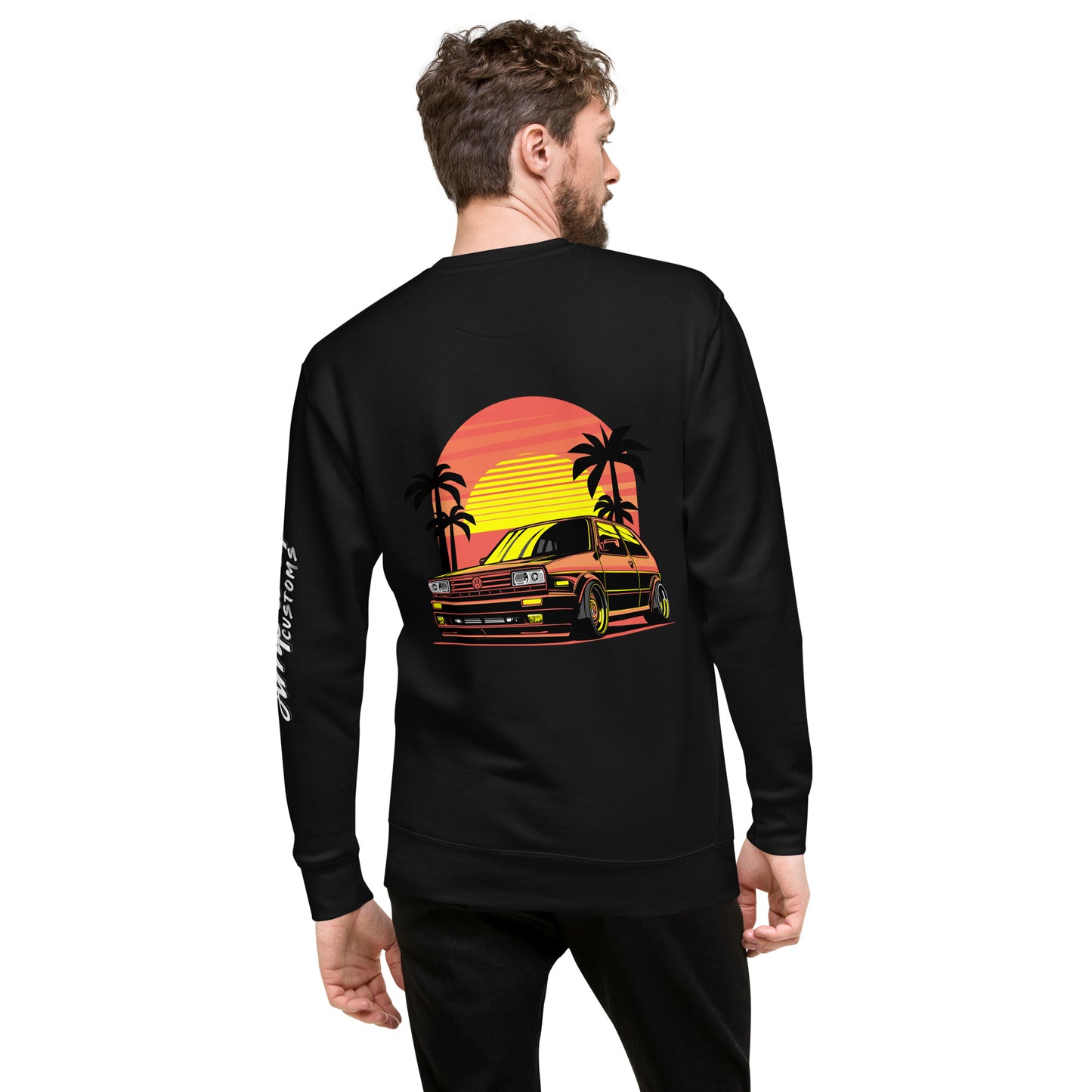 Back illustration of Sunset Volkswagen Sweatshirt featuring a retro car and palm trees against a sunset backdrop
