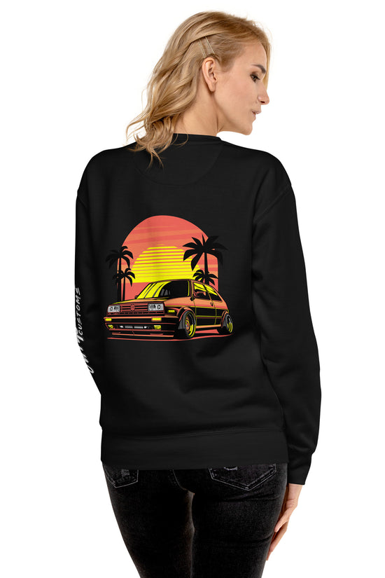 Back view of Sunset Volkswagen Sweatshirt featuring vibrant graphic illustration with palm trees and sunset