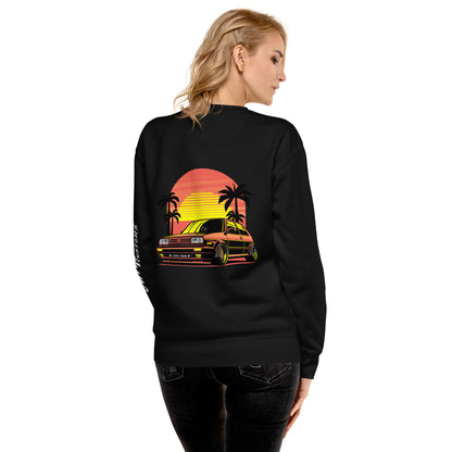 Back view of Sunset Volkswagen Sweatshirt featuring vibrant graphic illustration with palm trees and sunset