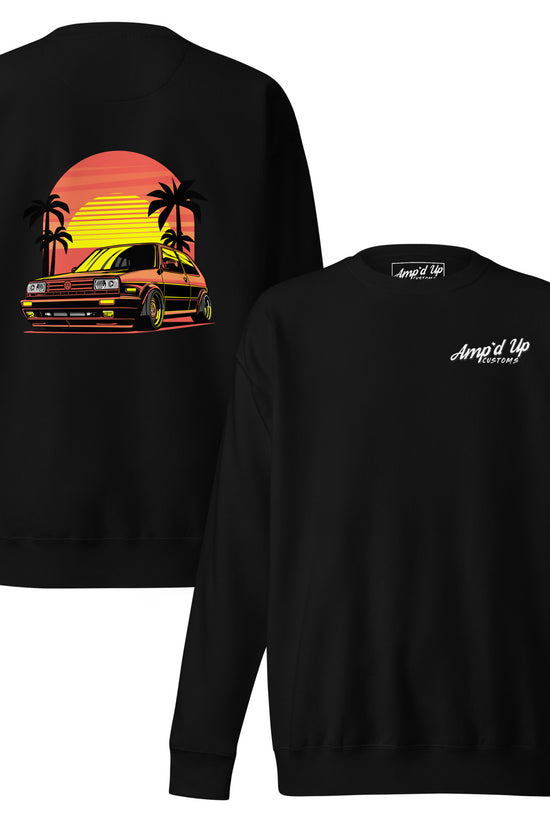 Back illustration of Sunset Volkswagen Sweatshirt featuring retro car design and palm trees