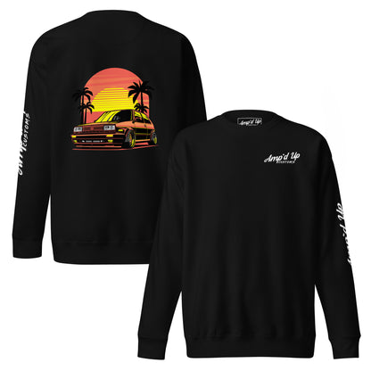Back illustration of Sunset Volkswagen Sweatshirt featuring retro car design and palm trees