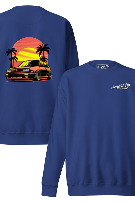 Sunset Volkswagen Sweatshirt featuring a vibrant back illustration with palm trees and a retro car