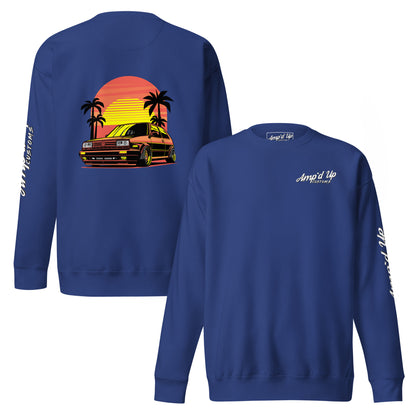 Sunset Volkswagen Sweatshirt featuring a vibrant back illustration with palm trees and a retro car