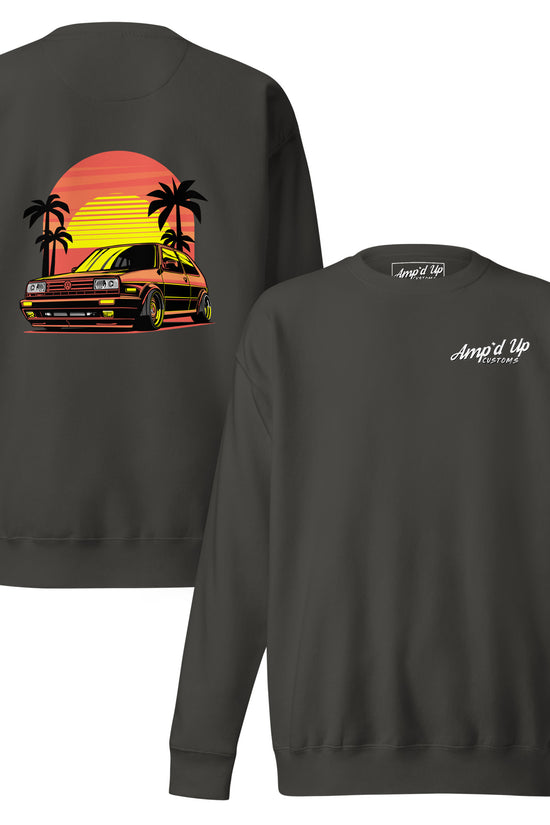 Back illustration of Sunset Volkswagen Sweatshirt featuring a vintage car and palm trees