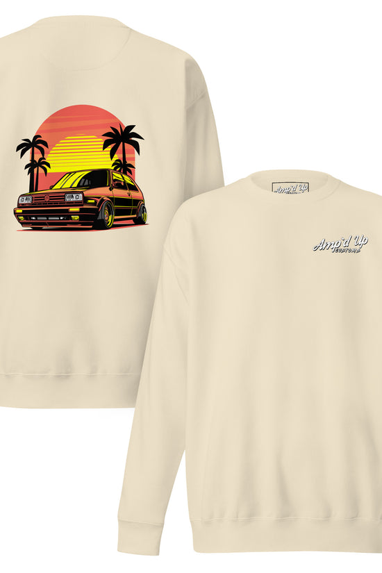 Sunset Volkswagen Sweatshirt with back illustration featuring a vintage car and palm trees