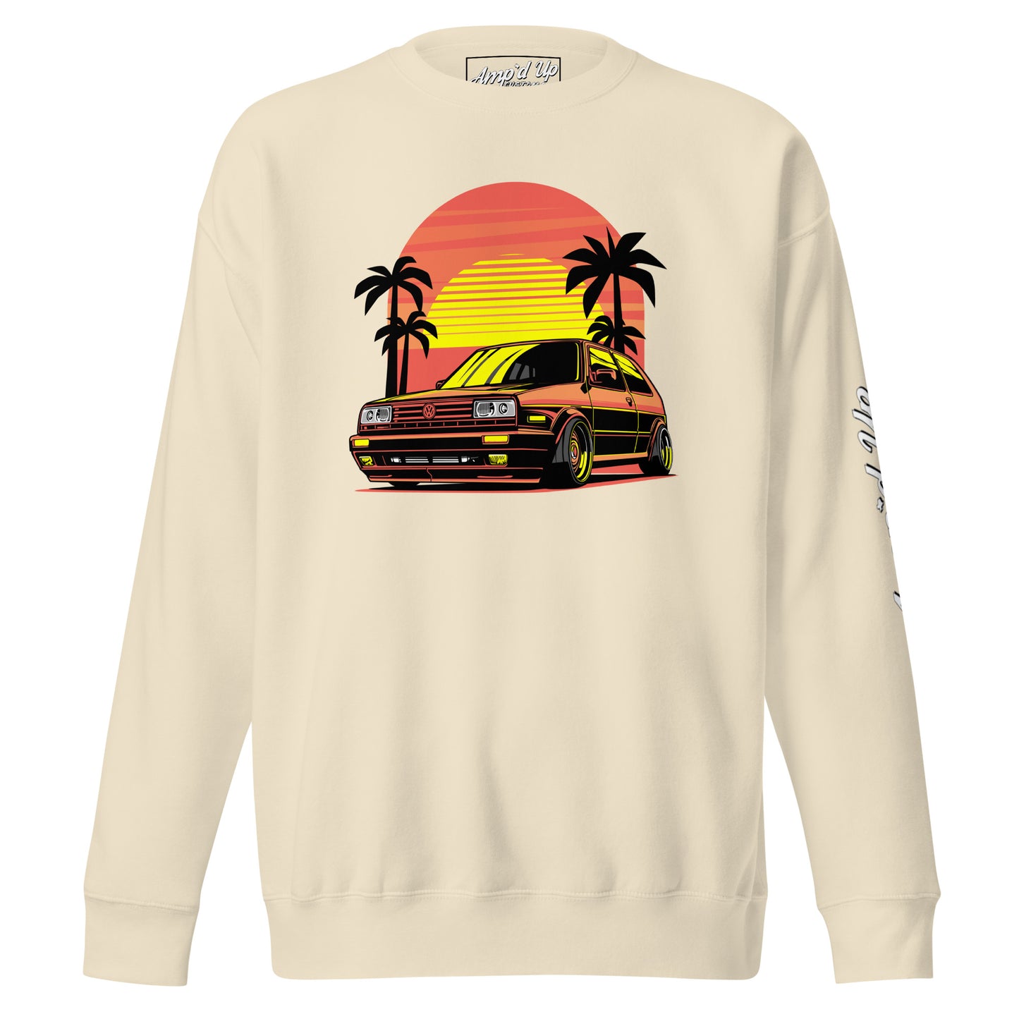 Cream Sunset Volkswagen Sweatshirt featuring a retro car and palm trees against a sunset backdrop