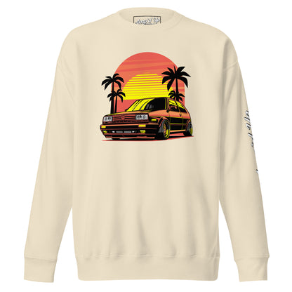 Cream Sunset Volkswagen Sweatshirt featuring a retro car and palm trees against a sunset backdrop