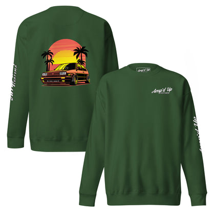 Amp'd Up Custom Sunset Volkswagen Sweatshirt with vibrant back illustration featuring a sunset and palm trees