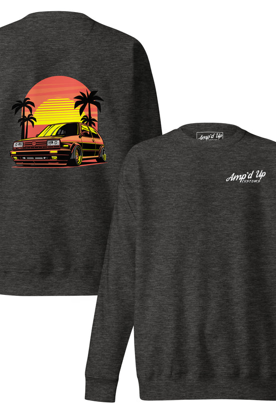 Sunset Volkswagen Sweatshirt with back illustration featuring a car, sunset, and palm trees