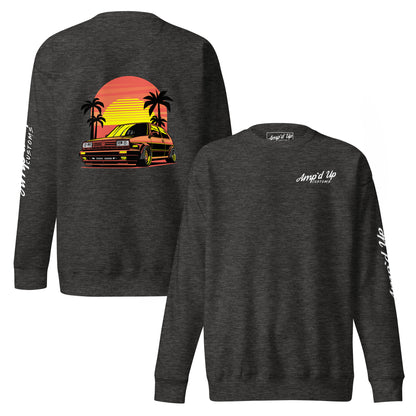 Sunset Volkswagen Sweatshirt with back illustration featuring a car, sunset, and palm trees