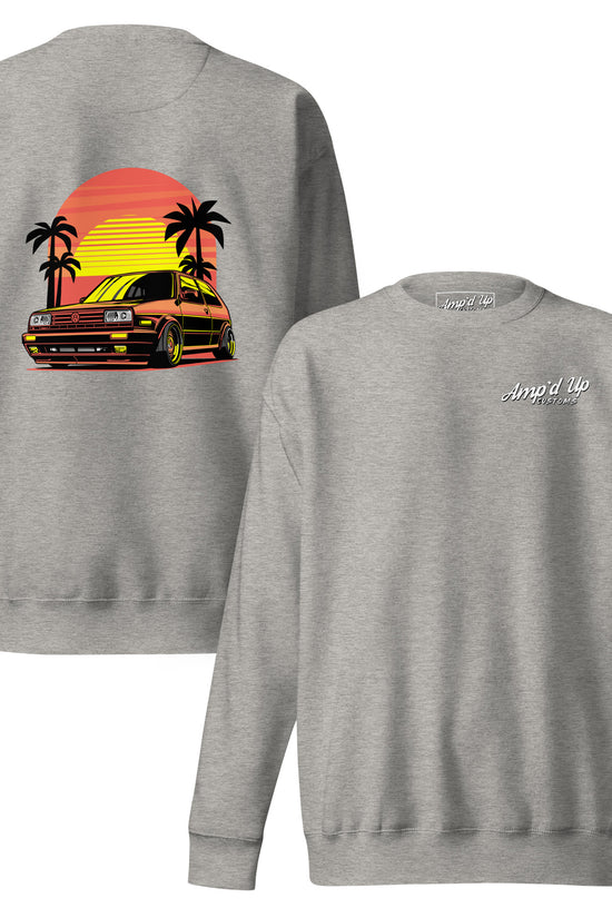 Gray Sunset Volkswagen Sweatshirt with Back Illustration of Vintage Car and Palm Trees