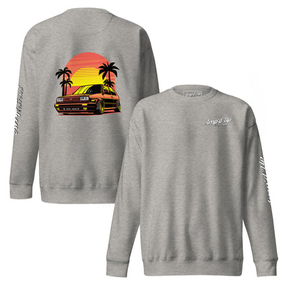 Gray Sunset Volkswagen Sweatshirt with Back Illustration of Vintage Car and Palm Trees