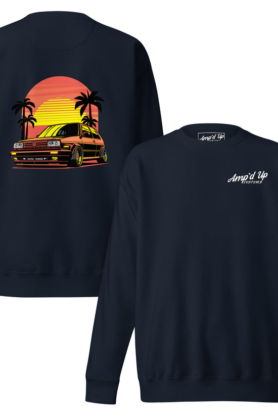 Sunset Volkswagen Sweatshirt with back illustration featuring a vibrant sunset and palm trees