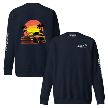 Sunset Volkswagen Sweatshirt with back illustration featuring a vibrant sunset and palm trees