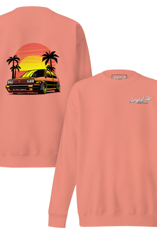 Sunset Volkswagen Sweatshirt with a vibrant back illustration featuring a retro car and palm trees