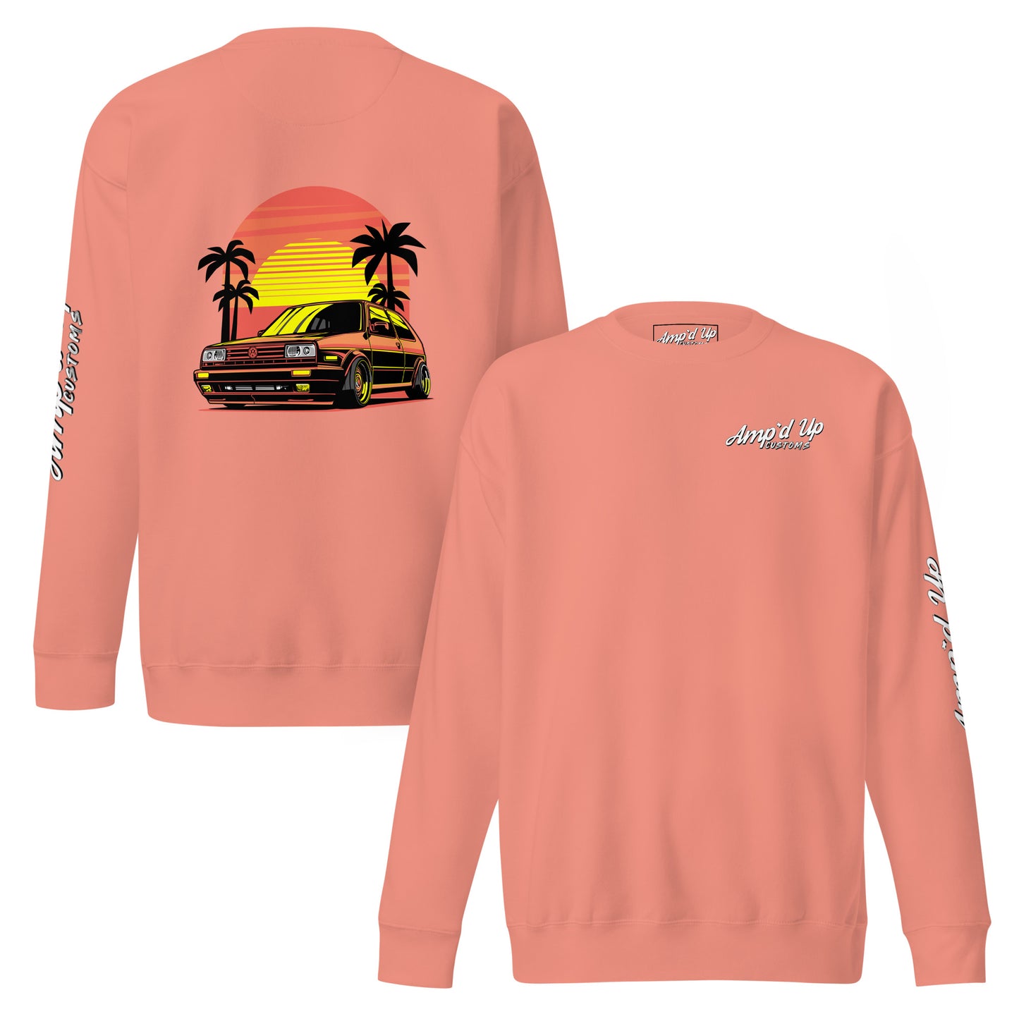 Sunset Volkswagen Sweatshirt with a vibrant back illustration featuring a retro car and palm trees
