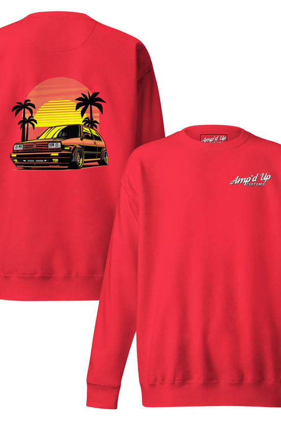 Sunset Volkswagen Sweatshirt with a vibrant back illustration featuring a classic car and palm trees